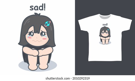 Cute sad little girl vector illustration t-shirt design concept.