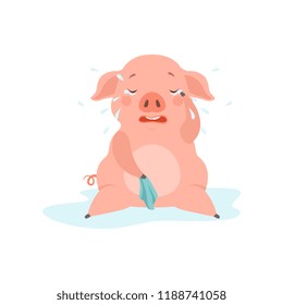 Cute Sad Little Pig Crying, Funny Piglet Cartoon Character Vector Illustration On A White Background