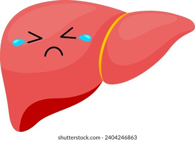 Cute sad liver cartoon character. Healty food for liver concept. Vector illustration.