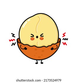 Cute sad macadamia character. Vector hand drawn cartoon kawaii character illustration icon. Isolated on green background. Angry cute macadamia character concept