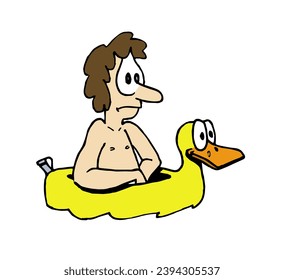 Cute sad man character swimming using a inflatable rubber duck float, life float. Colorful cartoon style vector illustration isolated on white background.