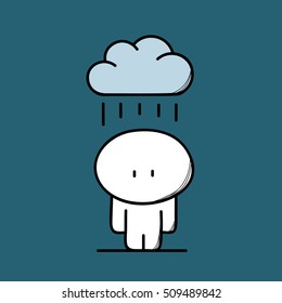 Cute sad man with the cloud and rain on the blue background. Sadness and rainy autumn - cartoon vector illustration.