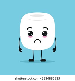 Cute sad marshmallow character. Funny unhappy marshmallow cartoon emoticon in flat style. sweet emoji vector illustration