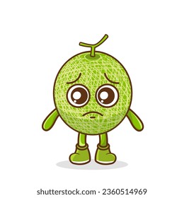 Cute sad melon fruit character, melon character with sad emotion, face, depressive eyes