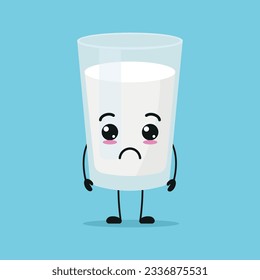 Cute sad milk glass character. Funny unhappy milk cartoon emoticon in flat style. dairy emoji vector illustration