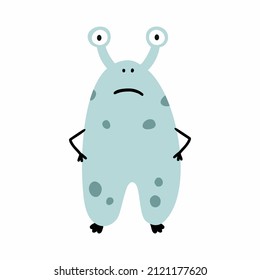 Cute Sad Monster. Baby Doodle Illustration. Vector Character On White Background. Postcard Decor Element.