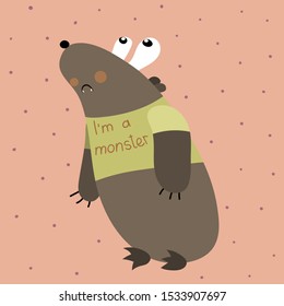 Cute sad monster is looking up. Funny  childish print for nursery,  apparel, poster, postcard and child's room, t-short and ect.