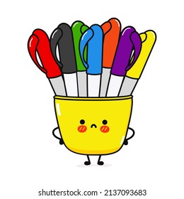 Cute sad multi-colored pens character. Vector hand drawn cartoon kawaii character illustration icon. Isolated white background. multi-colored pens character concept emoji,child,kids,multi-colored pens