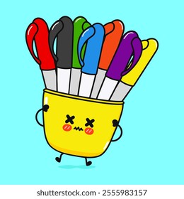 Cute sad Multi-colored pens character. Vector hand drawn cartoon kawaii character illustration icon. Isolated blue background. Angry cute Multi-colored pens character