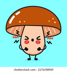 Un triste personaje de setas. Caricatura dibujada a mano del vector icono de ilustración del personaje kawaii. Aislado sobre fondo azul. Enfadado concepto de personaje de hongo lindo