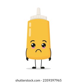 Cute sad mustard sauce bottle character. Funny unhappy food cartoon emoticon in flat style. mayonnaise bottle emoji vector illustration