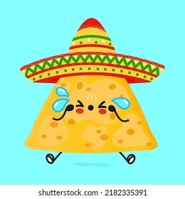 Carácter lindo de nachos tristes. Caricatura dibujada a mano del vector icono de ilustración del personaje kawaii. Aislado sobre fondo azul. Triste concepto de personaje de nachos lindo