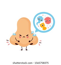 Cute sad nose with bacterias. Vector flat cartoon character illustration.Isolated on white background. Sick nose character concept
