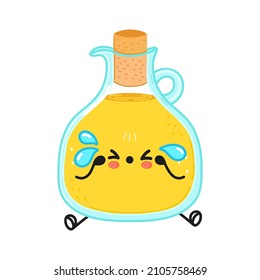 Cute sad olive oil character. Vector hand drawn cartoon kawaii character illustration icon. Isolated on white background. Sad cute olive oil character concept