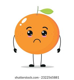 Cute sad orange character. Funny unhappy orange cartoon emoticon in flat style. Fruit emoji vector illustration