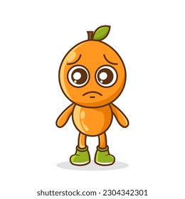 Cute sad orange fruit character, Orange character with sad emotion, face, depressive eyes