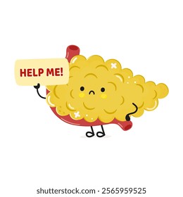 Cute sad Pancreas asks for help character. Vector hand drawn cartoon kawaii character illustration icon. Isolated on white background. Suffering unhealthy Pancreas character