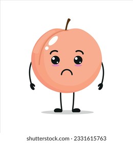 Cute sad peach character. Funny unhappy peach cartoon emoticon in flat style. Fruit emoji vector illustration