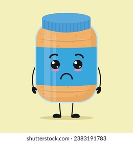 Cute sad peanut butter cartoon. Funny unhappy food cartoon emoticon in flat style. closet vector illustration