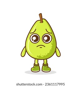 Cute sad pear fruit character, pear character with sad emotion, face, depressive eyes