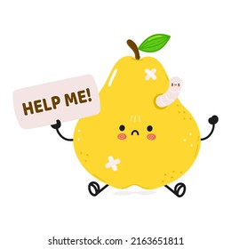 Cute sad pear and worm asks for help character. Vector hand drawn cartoon kawaii character illustration icon. Isolated on white background. Suffering unhealthy pear character concept