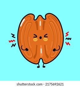 Cute sad Pecan character. Vector hand drawn cartoon kawaii character illustration icon. Isolated on green background. Angry cute Pecan character concept