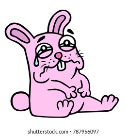 cute sad pink rabbit in tears is sitting. vector illustration 
