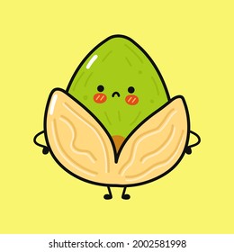 Cute sad pistachio character. Vector hand drawn cartoon kawaii character illustration icon. Isolated on yellow background. Pistachio character concept