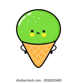 Cute sad pistachio ice cream character. Vector hand drawn cartoon kawaii character illustration icon. Isolated on yellow background. Pistachio ice cream character concept