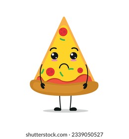 Cute sad pizza character. Funny unhappy pie cartoon emoticon in flat style. food emoji vector illustration