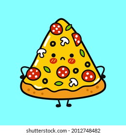Cute sad pizza character. Vector hand drawn cartoon kawaii character illustration icon. Isolated on blue background. Pizza character concept