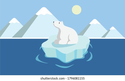 Cute and Sad Polar Bear on the Ice Floe because of Ice Melting due to Global Warming. Flat and Simple Vector with EPS 10 
