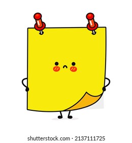 Carácter de notas posteadas de tristes breves. Caricatura dibujada a mano del vector icono de ilustración del personaje kawaii. Aislado sobre fondo azul. Nota publicada concepto de carácter emoji, niño, adorable, niños, notas publicadas