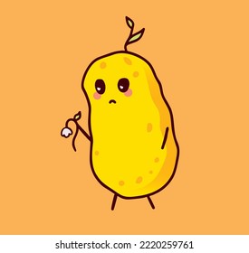 Cute sad potato character with withered flower cartoon vector. Vegetable food flat isolated illustration adulds children emotion emoji icon face hands and legs yellow modern kawaii depression therapy