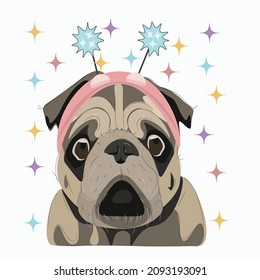 Cute sad pug with horns on his head. Vector graphics