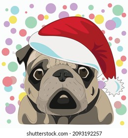 Cute sad pug in a Santa Claus hat. Vector graphics