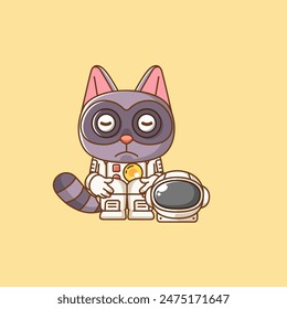 Cute sad raccoon astronaut animal kawaii chibi character mascot illustration outline style design set