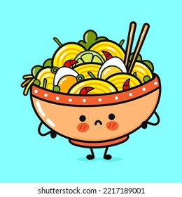 Cute sad ramen bowl character. Vector hand drawn cartoon kawaii character illustration icon. Isolated on blue background. Angry cute ramen bowl character concept