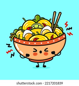 Cute sad ramen bowl character. Vector hand drawn cartoon kawaii character illustration icon. Isolated on blue background. Angry cute ramen bowl character concept