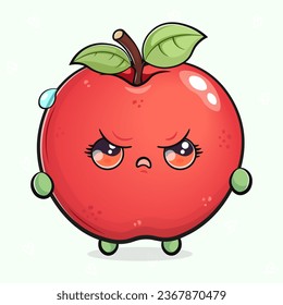 Cute sad Red apple character. Vector hand drawn cartoon kawaii character illustration icon. Isolated on light green background. Angry cute Red apple character concept