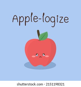 Frisch trauriger roter Apfel mit Zitat "Apple-logize" auf pastellblauem Hintergrund. Konzept für den Bau von Obstbäumen und Speisen für Kartendrucke