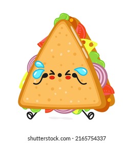 Cute sad sandwich character. Vector hand drawn cartoon kawaii character illustration icon. Isolated on white background. Sad cute sandwich character concept