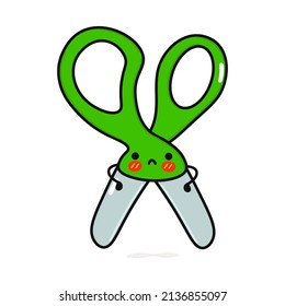 Cute sad scissors character. Vector hand drawn cartoon kawaii character illustration icon. Isolated on blue background. scissors character concept emoji,child,adorable,kids, scissors,character,cartoon