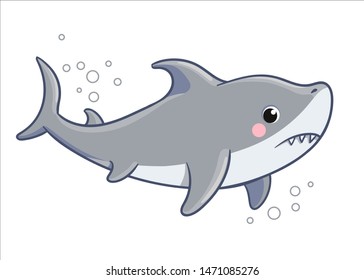 Cute sad shark on a white background. Vector illustration with sea fish in cartoon style.