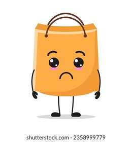 Cute sad shopping bag character. Funny unhappy paper bag cartoon emoticon in flat style. bag emoji vector illustration svg