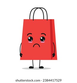 Cute sad shopping bag character. Funny unhappy paper bag cartoon emoticon in flat style. closet vector illustration