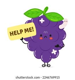 Cute sad sick grape asks for help character. Vector hand drawn cartoon kawaii character illustration icon. Isolated on white background. Suffering unhealthy grape character concept