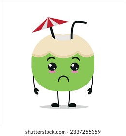 Cute sad slice coconut character. Funny unhappy coconut cartoon emoticon in flat style. fruit emoji vector illustration