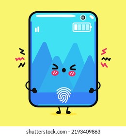 Un triste personaje de teléfono inteligente. Caricatura dibujada a mano del vector icono de ilustración del personaje kawaii. Aislado sobre fondo amarillo. Enfadado concepto de personaje lindo para smartphones