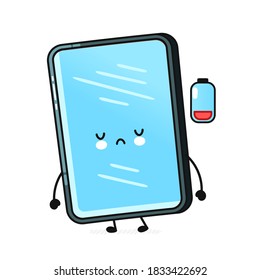 Cute sad smartphone, mobile phone character with empty battery. Vector flat line cartoon kawaii character illustration icon. Isolated on white background. Callphone, smartphone concept